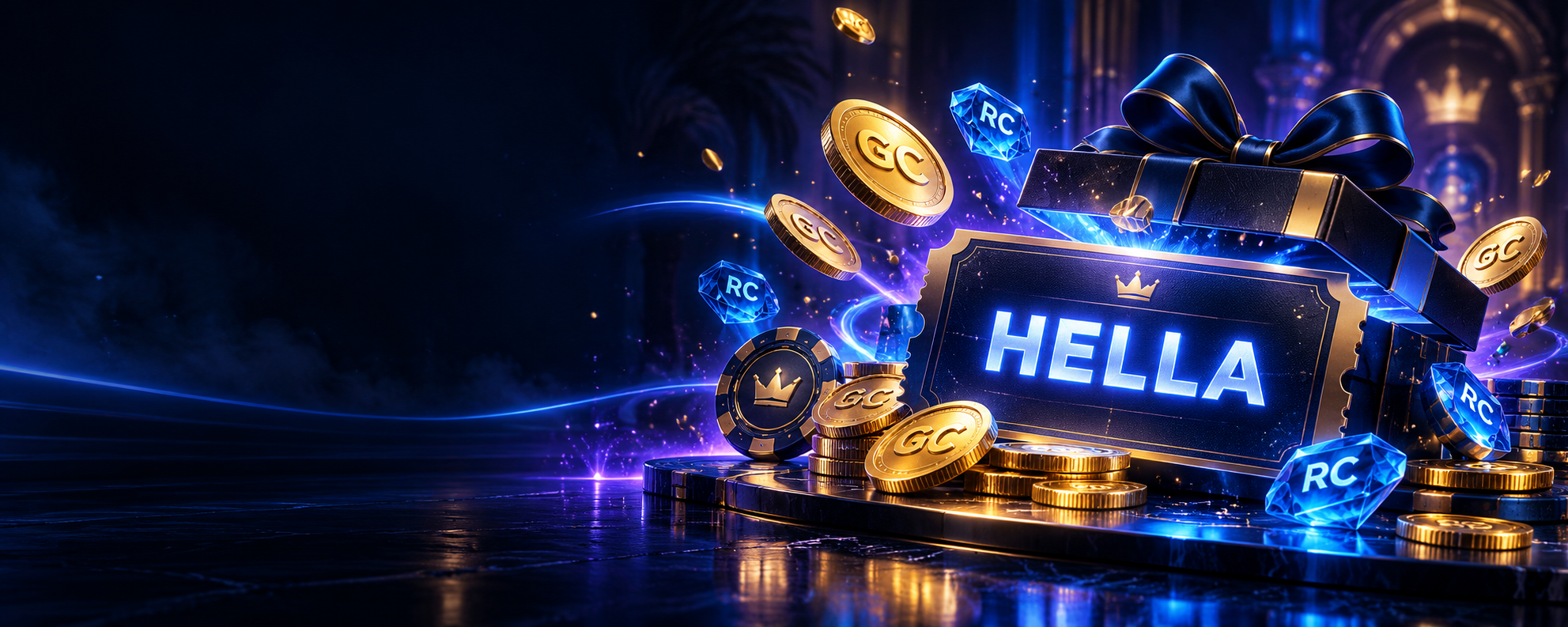 Promo code HELLA ticket with Gold Coins and Rainbet Cash illustration